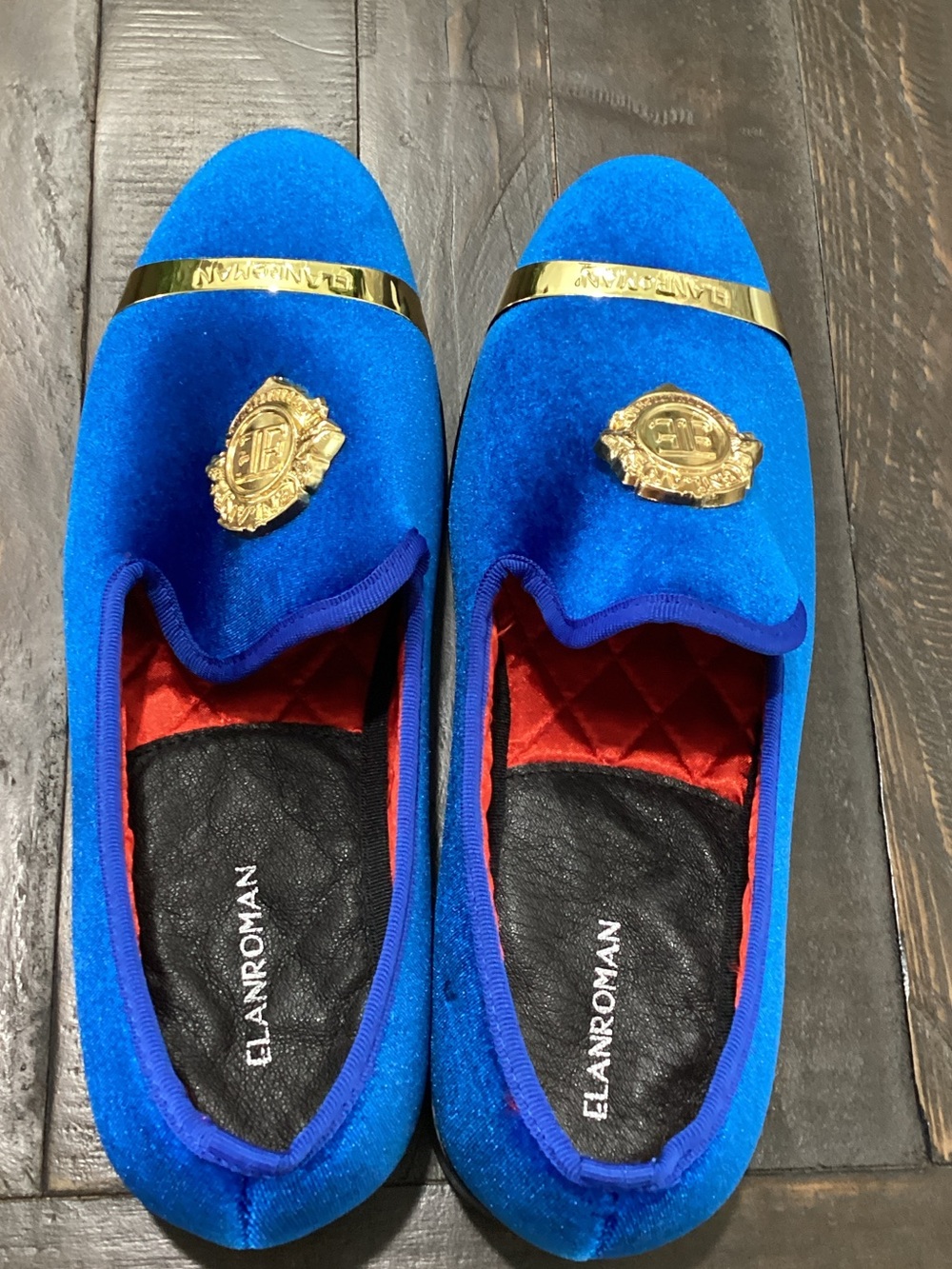 Elanroman Men's Velvet Slip-On Loafers in Royal Blue with Gold Emblems Size 45